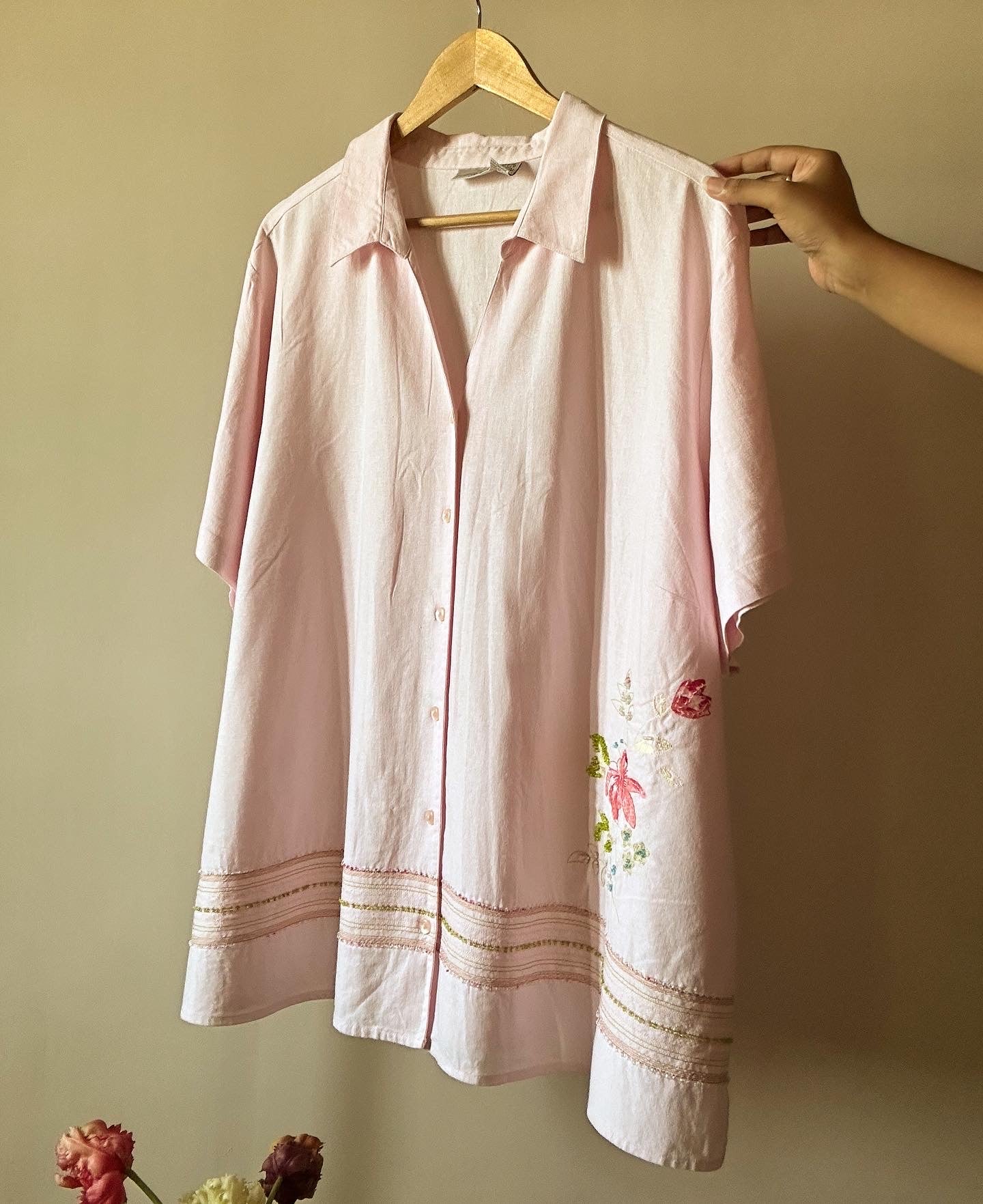 Vintage Pink Linen Beaded Shirt