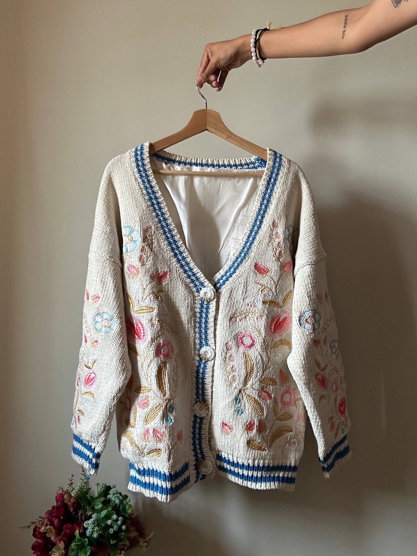 V Neck Old School All Embroidered Cardigan