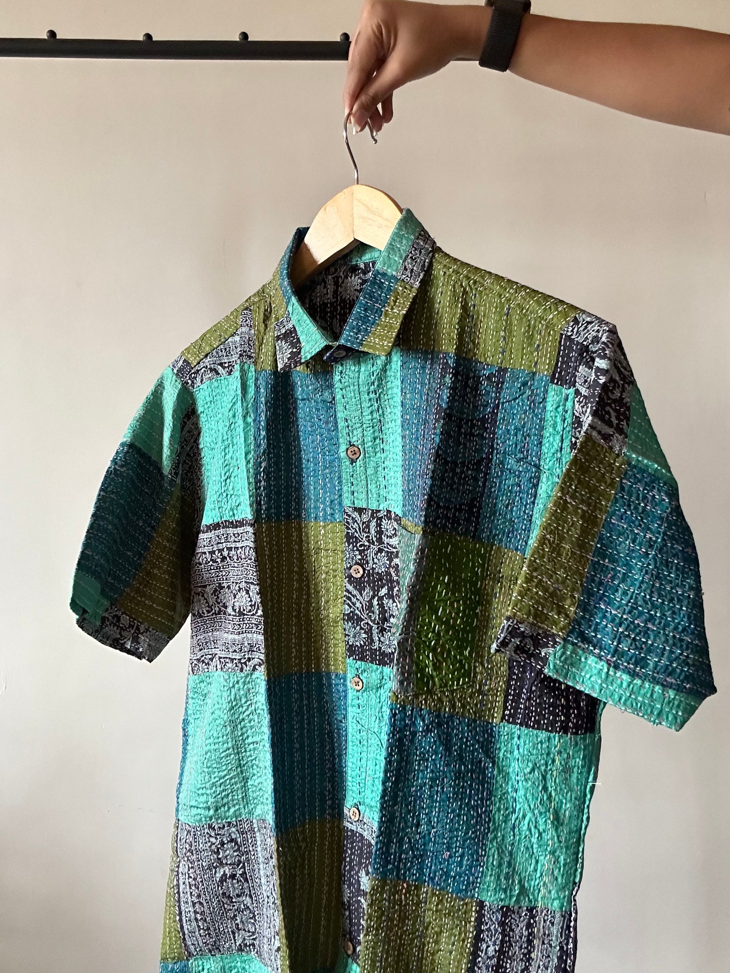 Blue Sea Patch Work Kantha Embroidery Shirt