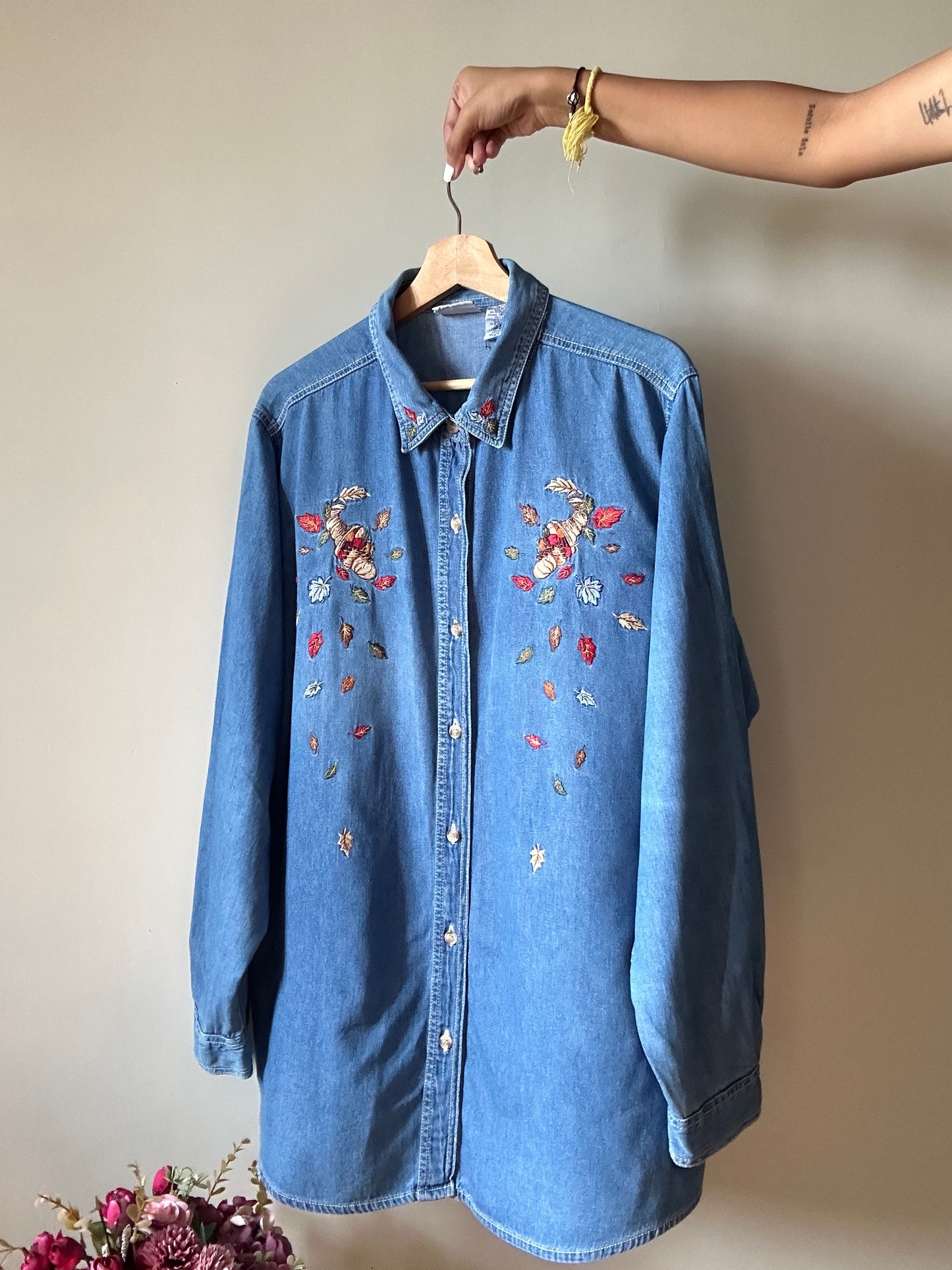 Bobbie Brooks Women Vintage Denim Shirt With Fall Inspired Embroidery