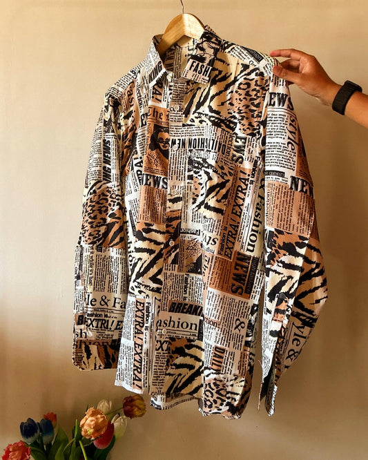 Madam Newspaper Retro Print Satin Shirt