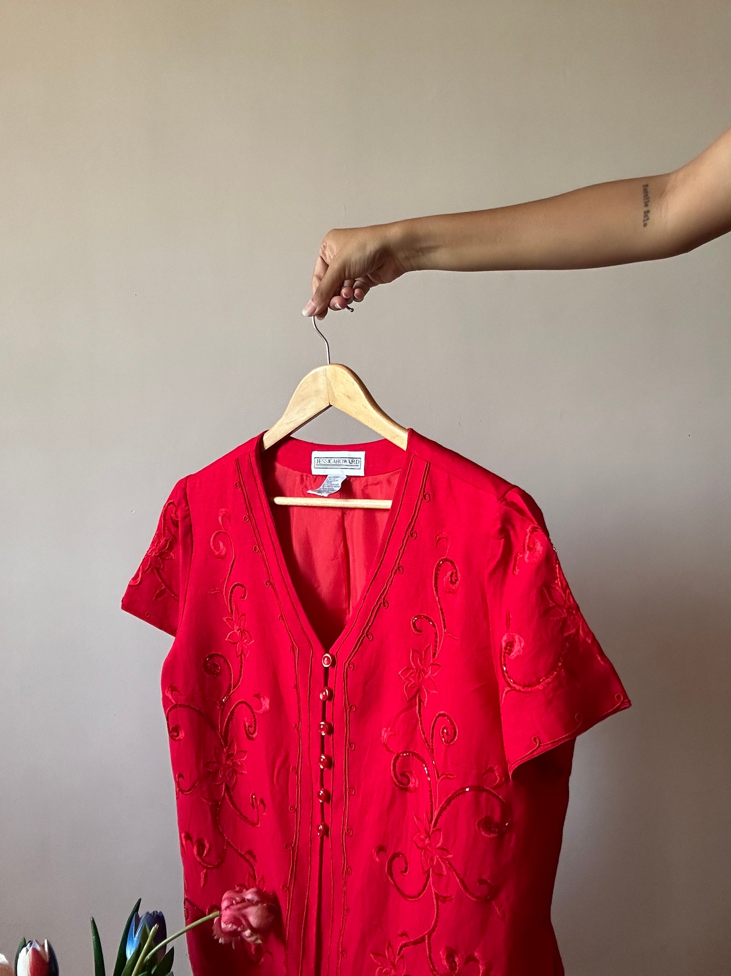 Vintage Red Beaded And Embroidered Jessica Howard Shirt