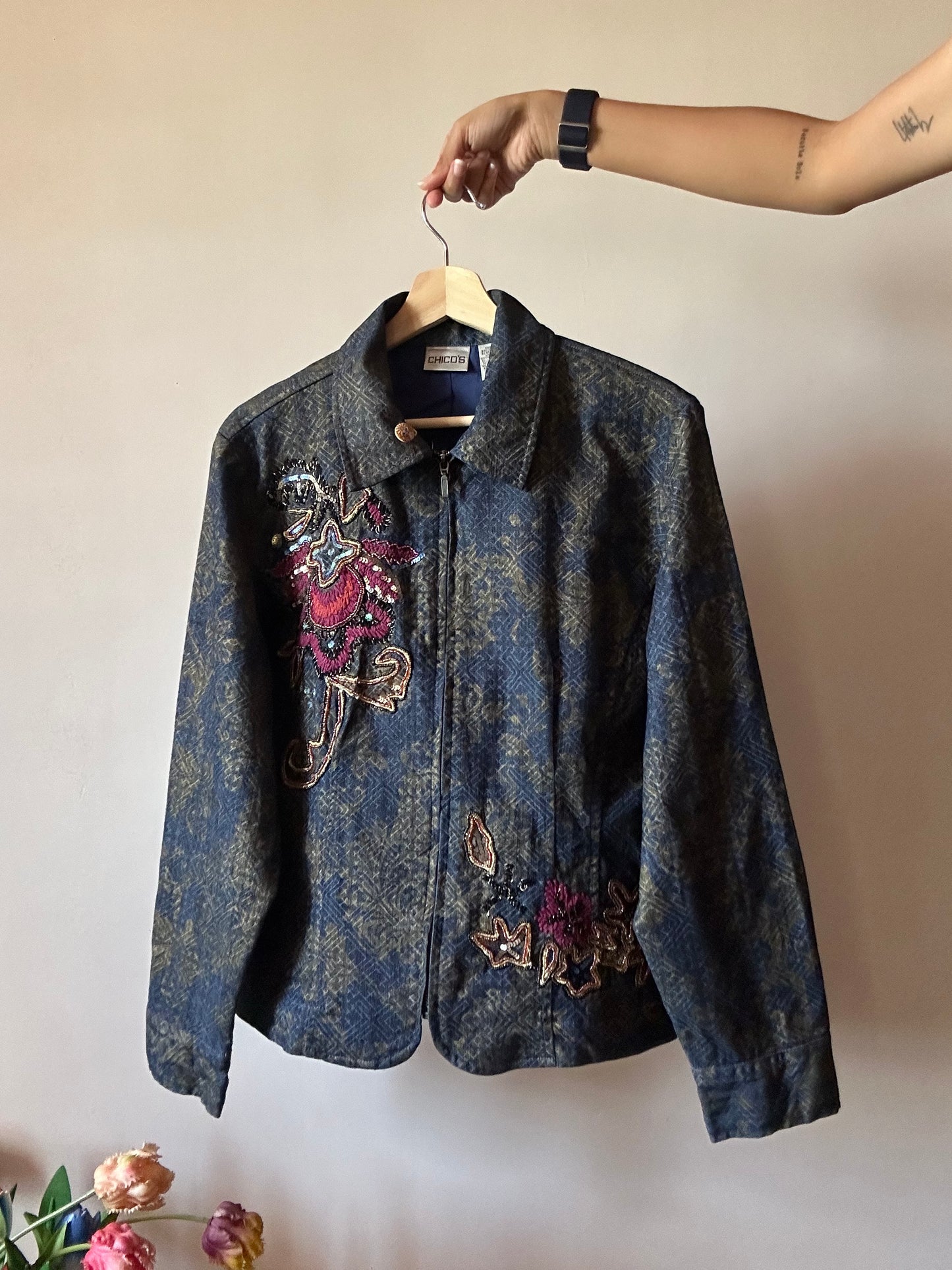 Vintage Beaded and Embroidered Printed Front Zip Denim Shaket