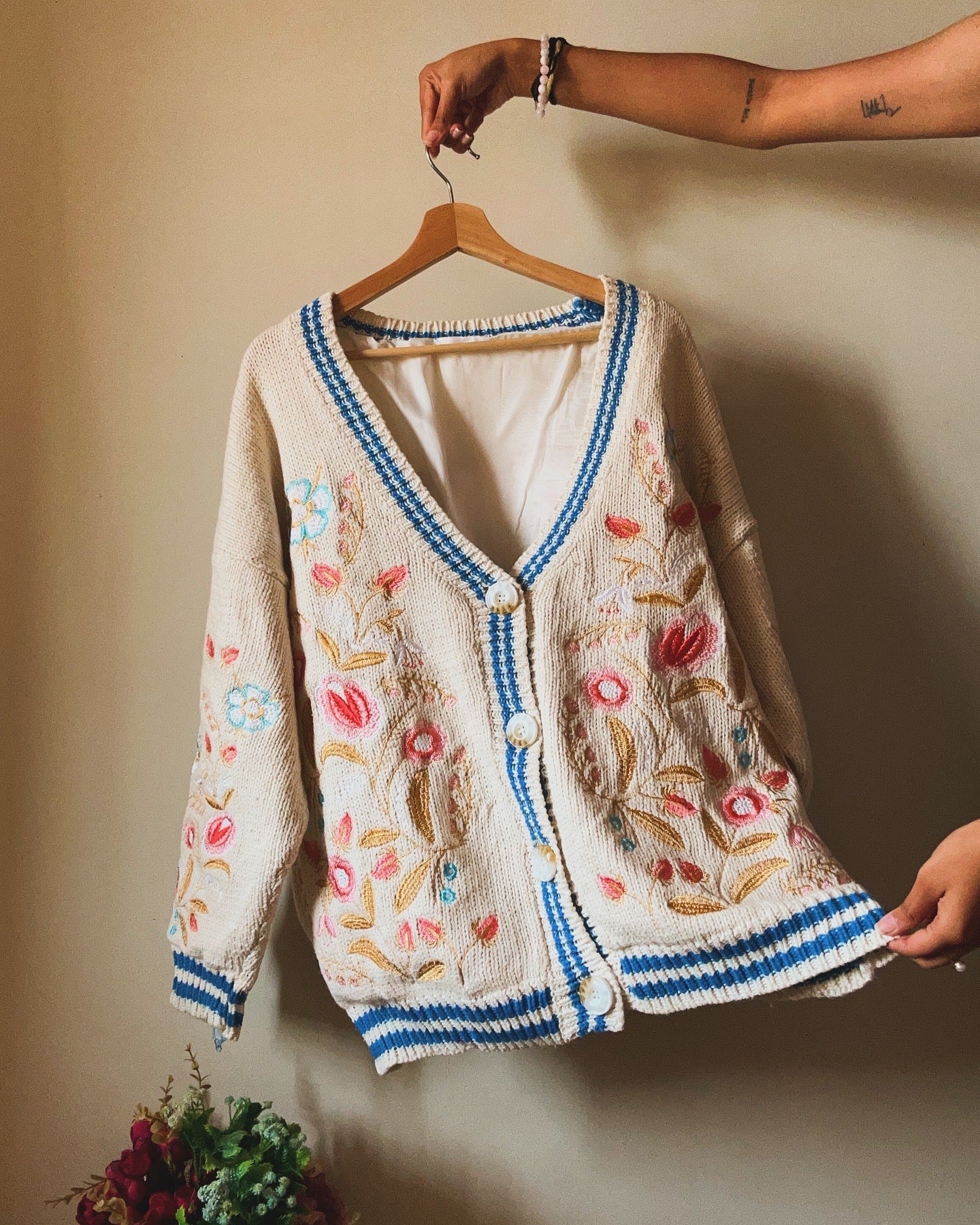 V Neck Old School All Embroidered Cardigan