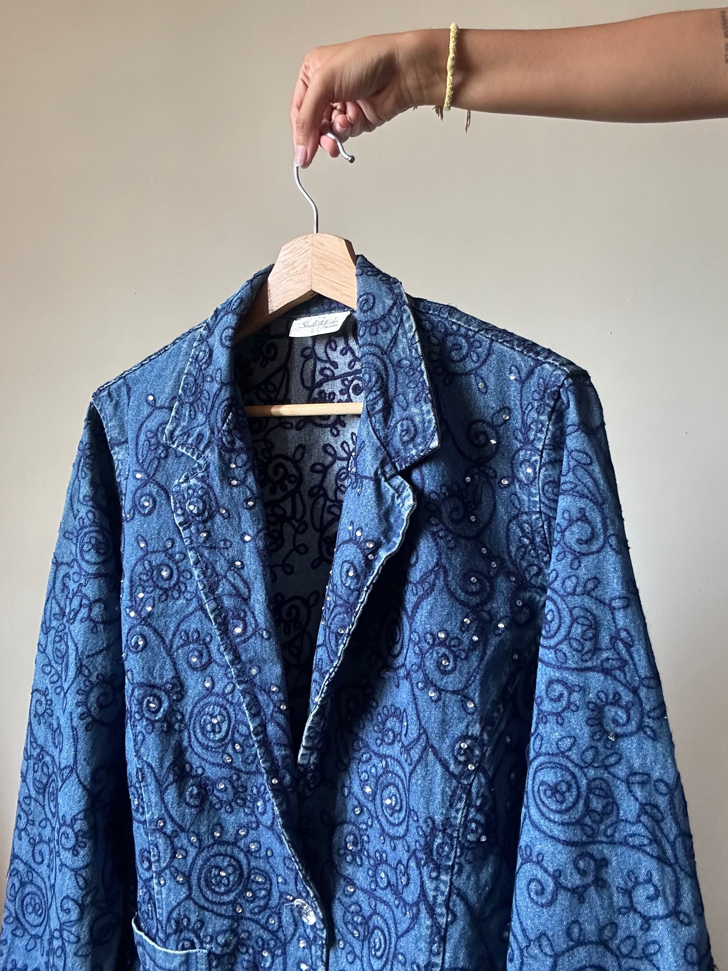 Studio Works Vintage Denim Blazer With All Over Embroidery and Rhinestones