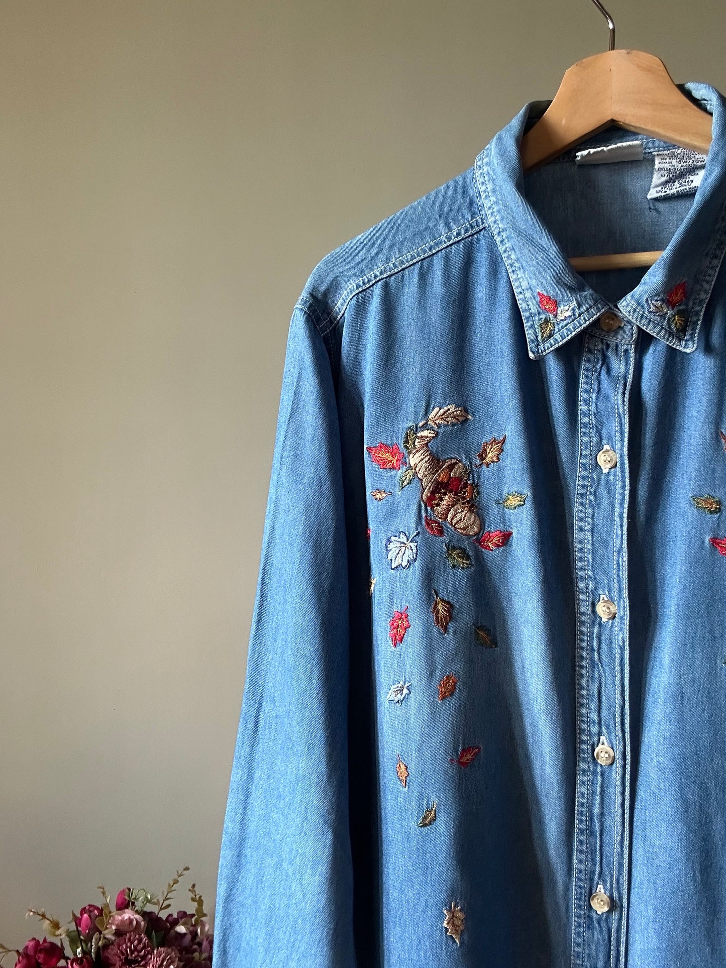 Bobbie Brooks Women Vintage Denim Shirt With Fall Inspired Embroidery