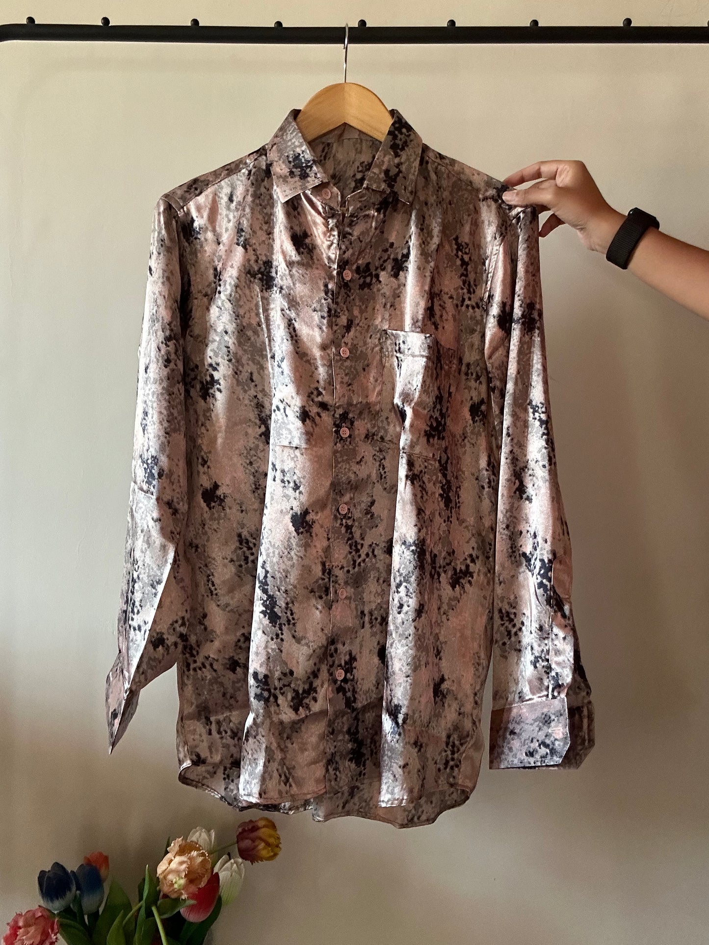 Dusty Pink Dye Up Print Satin Shirt