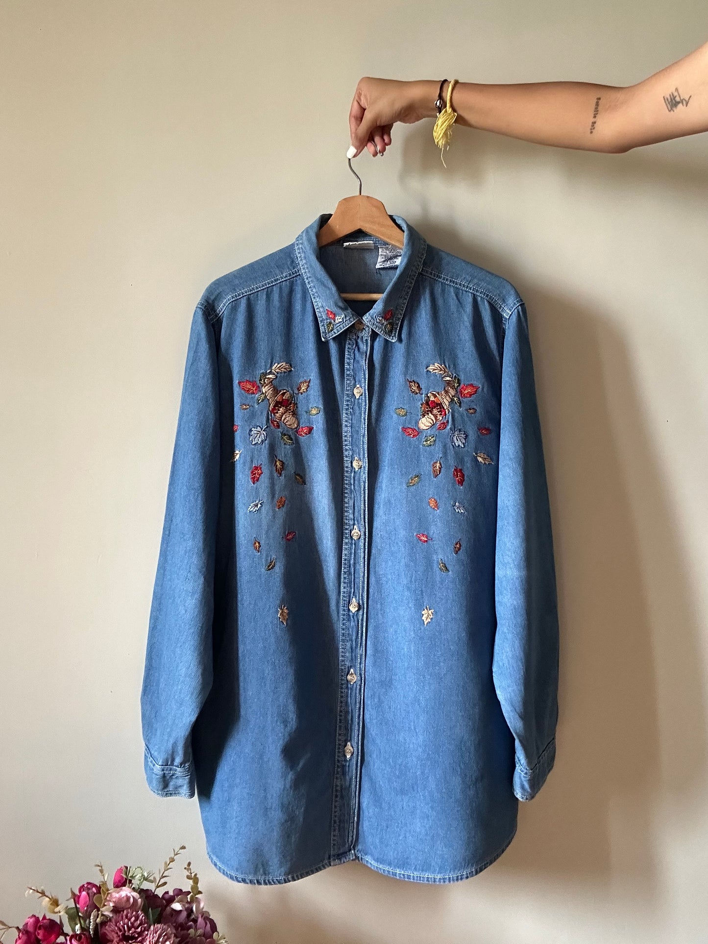 Bobbie Brooks Women Vintage Denim Shirt With Fall Inspired Embroidery