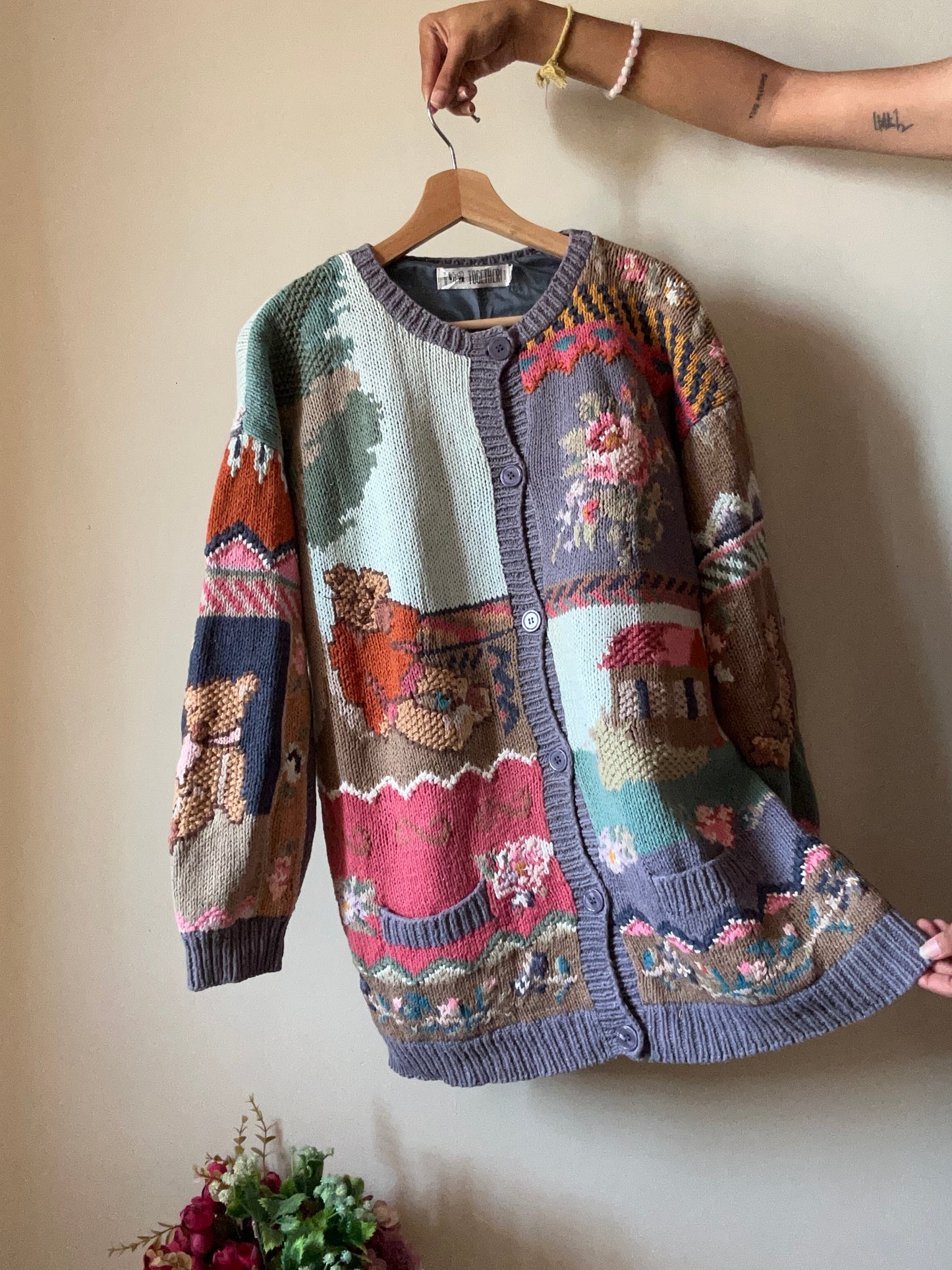 Together Vintage Cardigan With Teddy Bear and Floral Embroidery