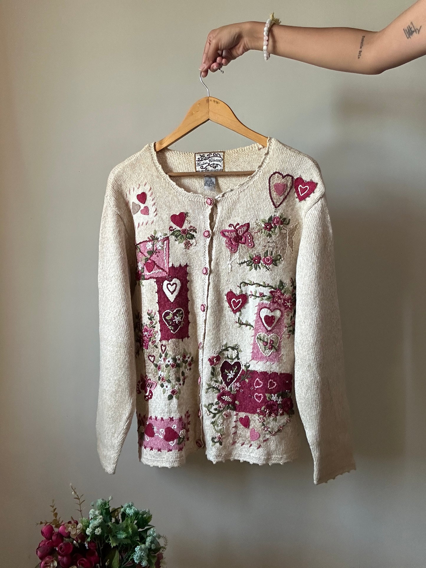 Heirloom Collectibles Vintage Heart Embroidered and Beaded Cardigan