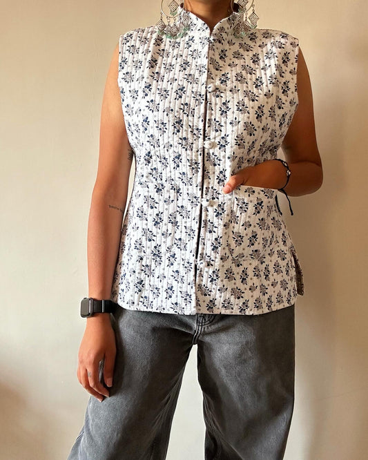 Cotton Quilted Reversible Vest In Abstract Floral and Ethnic Print