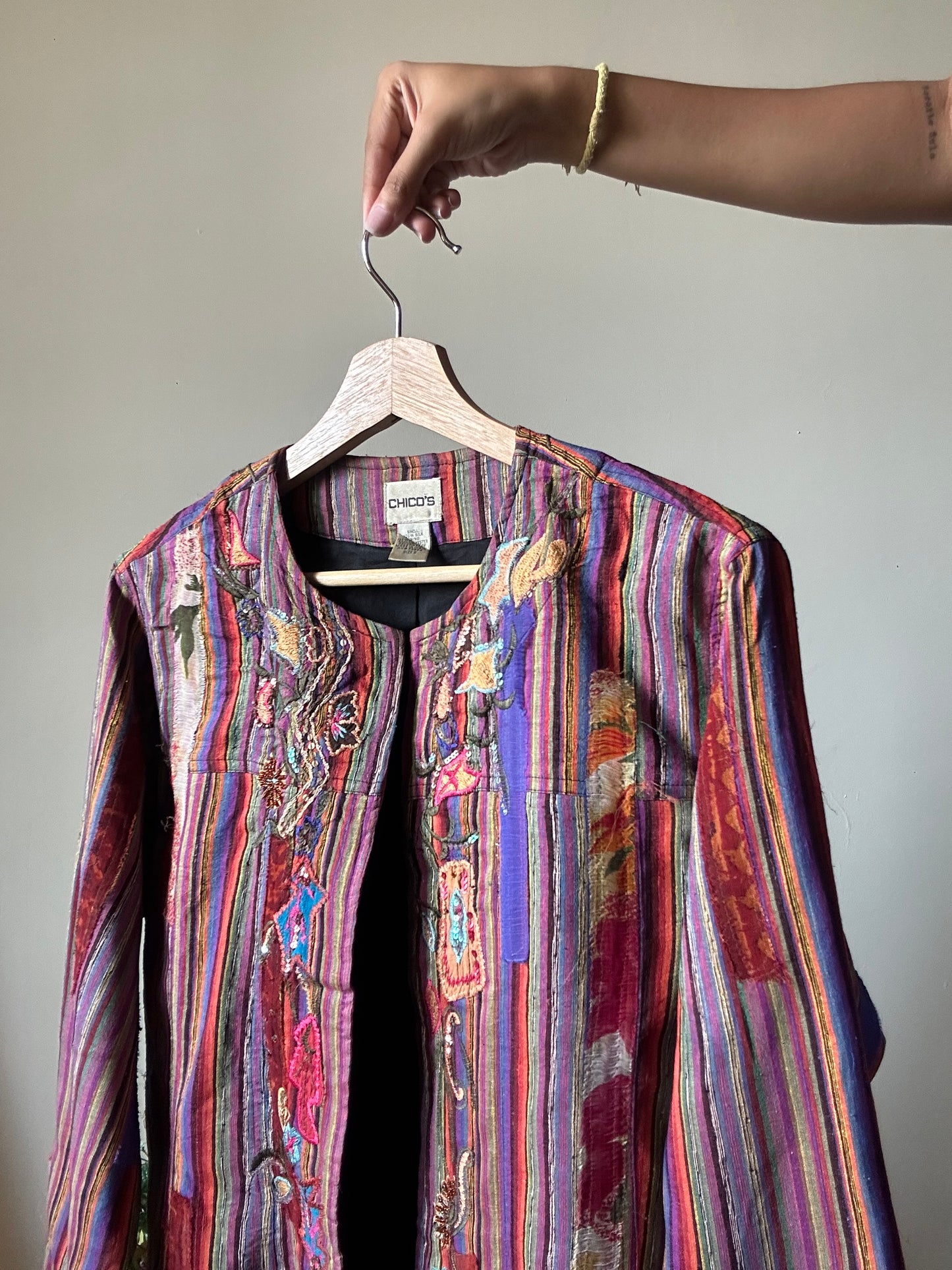 Chico’s Vintage Silk Embroidered and Patchwork Detail Shrug