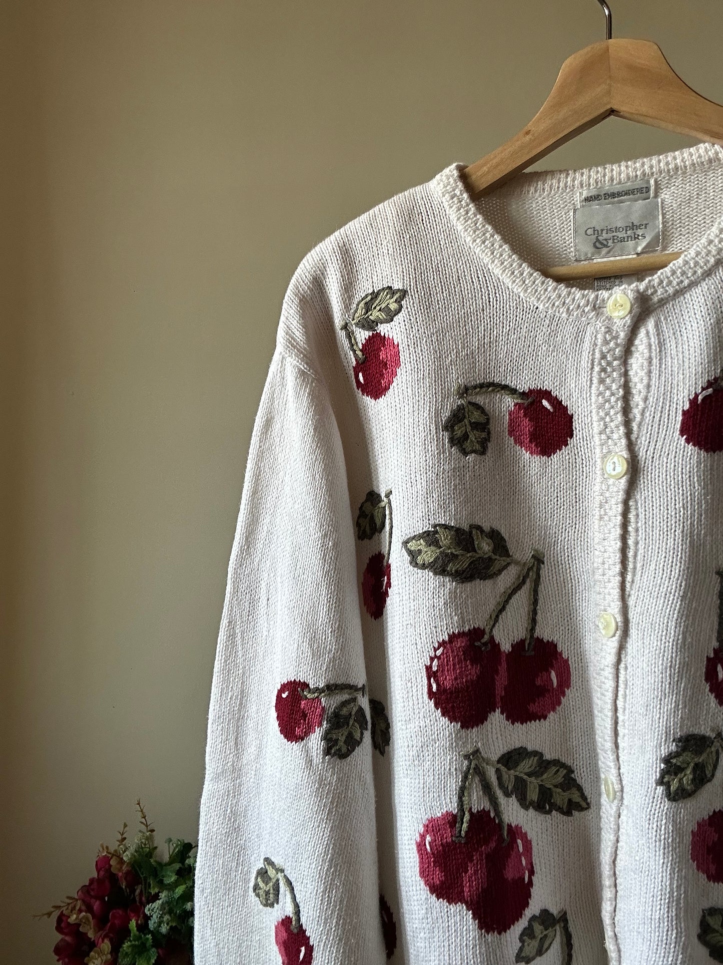 Vintage Christopher & Banks Cherry Hand Embroidered Cardigan