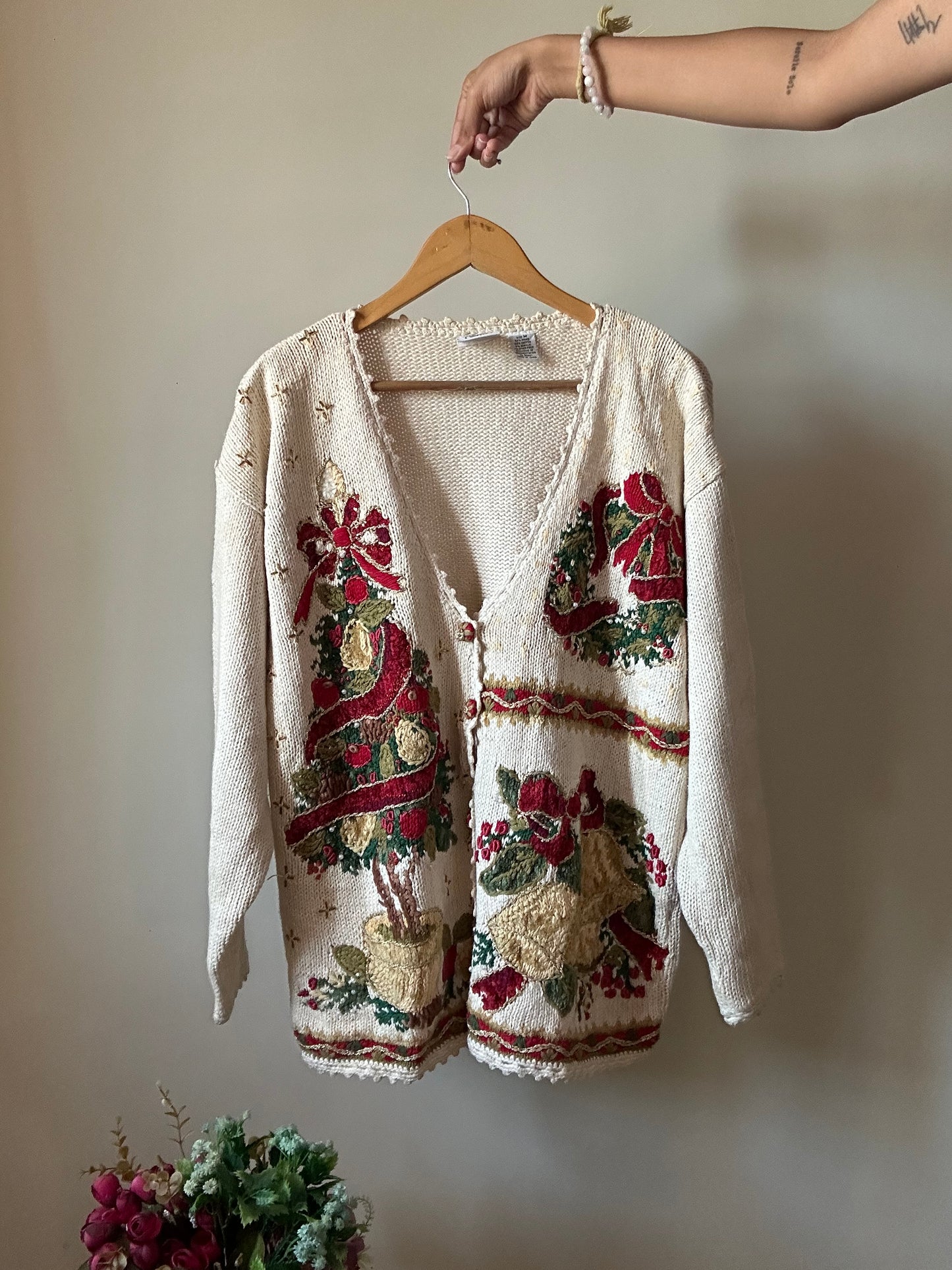 Vintage Maggie Lawrence Christmas Tree Beaded and Embroidered Cardigan