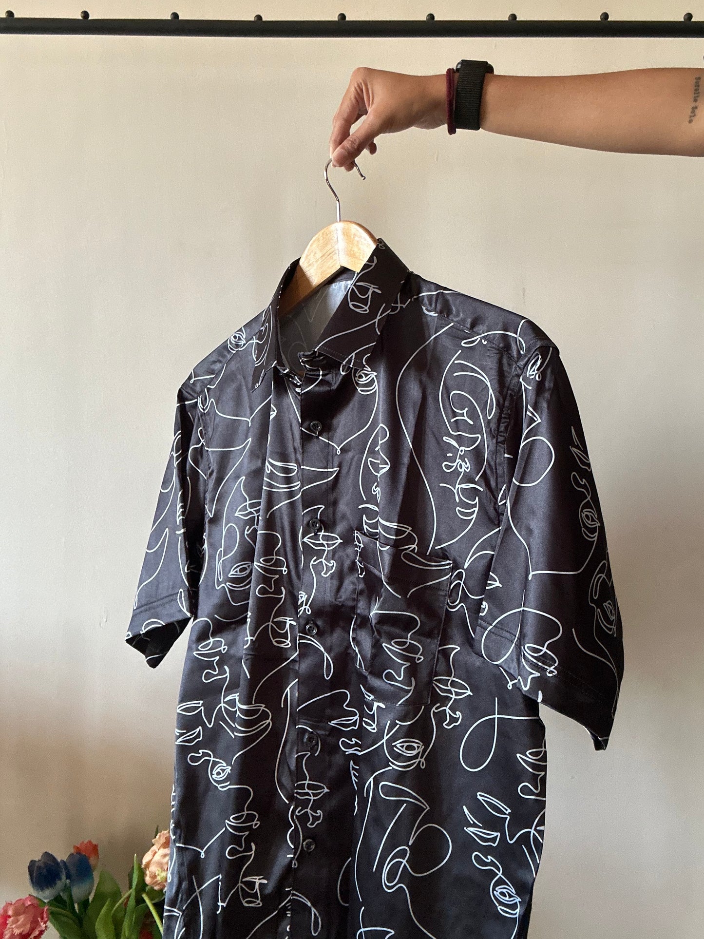 Black Face Off Satin Shirt