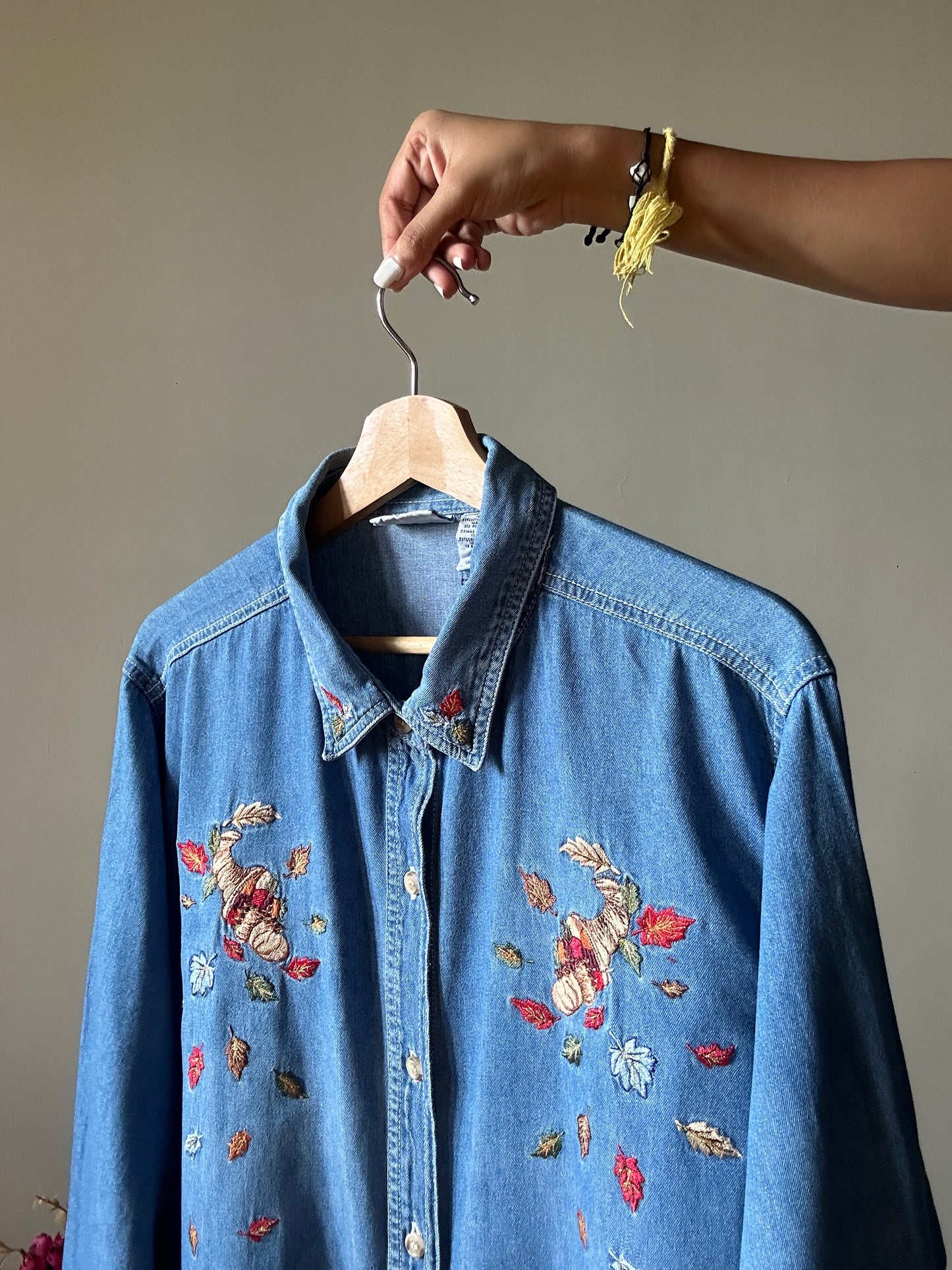 Bobbie Brooks Women Vintage Denim Shirt With Fall Inspired Embroidery