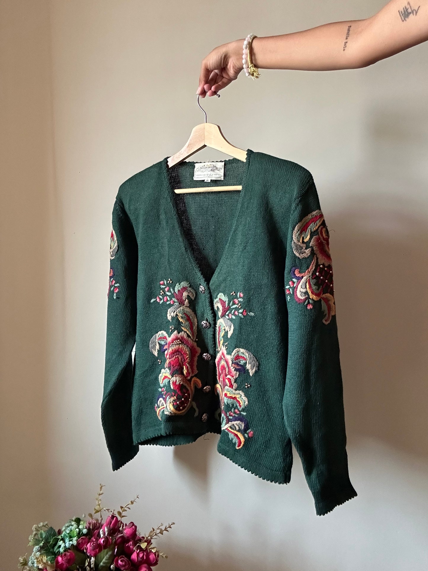 Susan Bristol Vintage Hand Embroidered Knit Cardigan