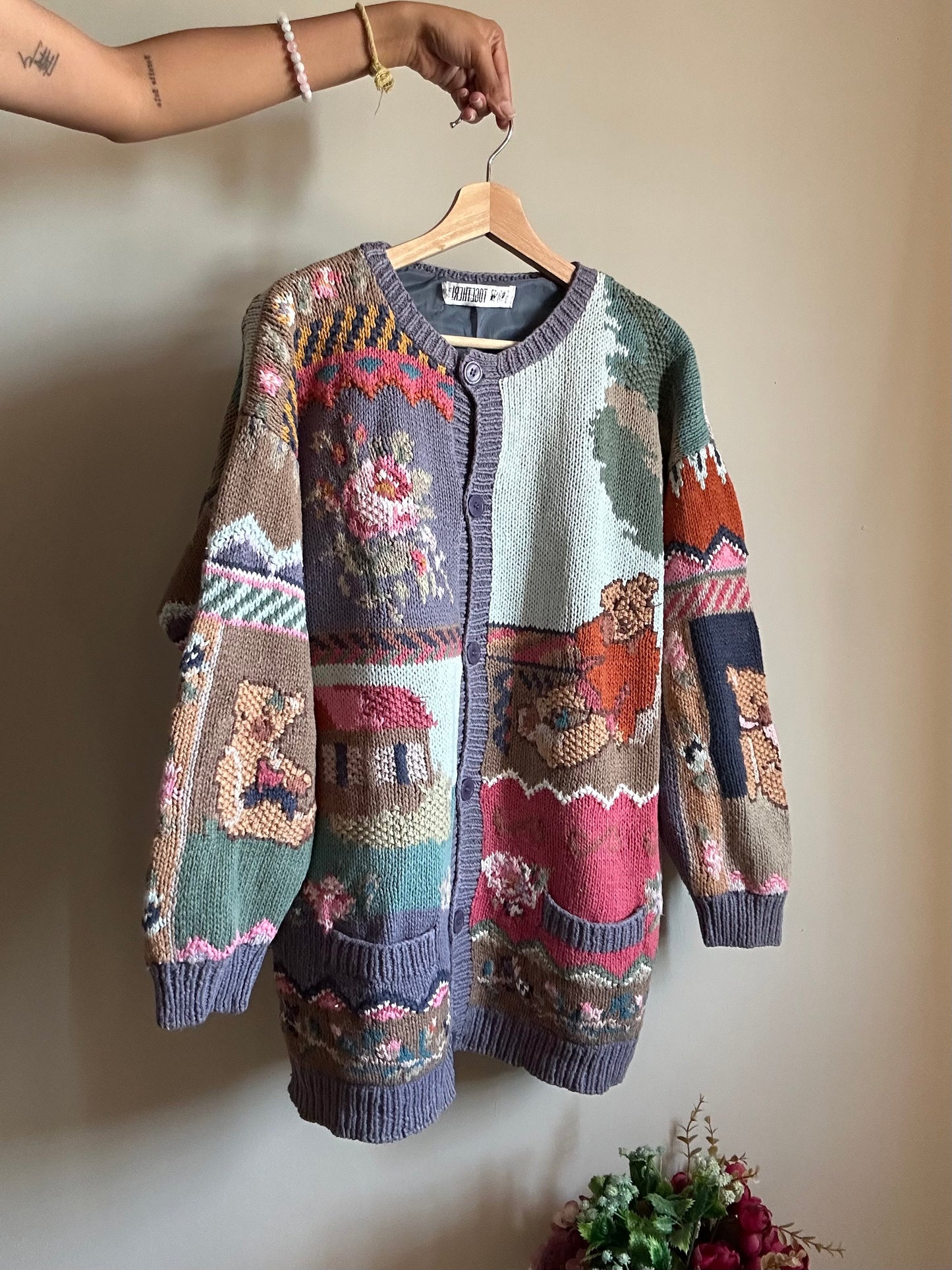 Together Vintage Cardigan With Teddy Bear and Floral Embroidery