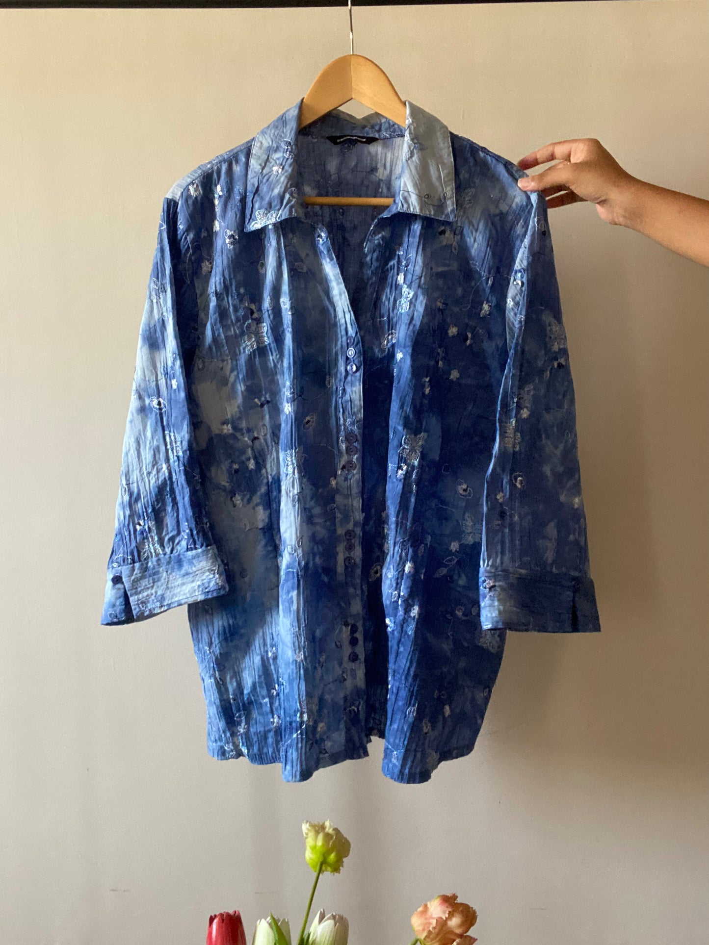 Vintage Crinkled Tie and Dye Floral Embroidered Shirt