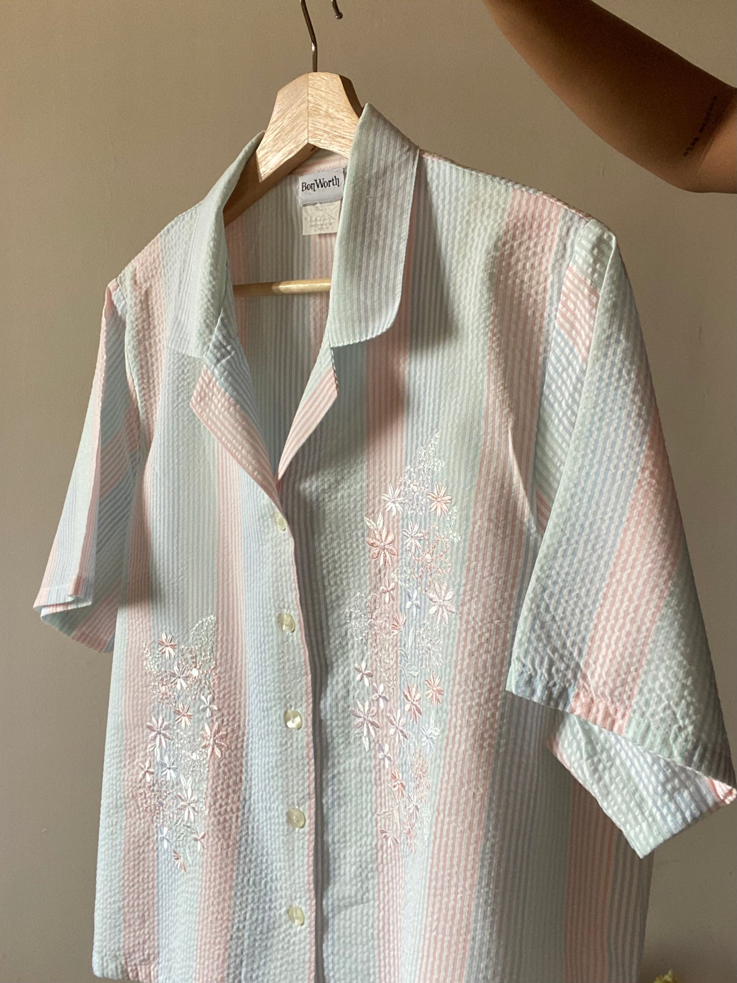 Pastel Strip Vintage Floral Embroidered Vintage Shirt