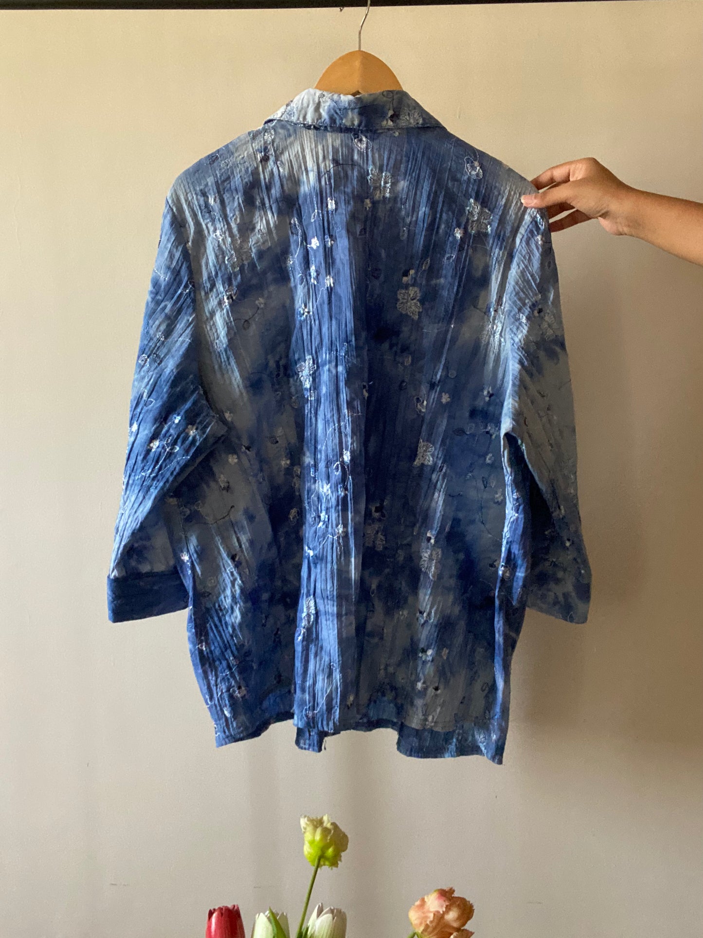 Vintage Crinkled Tie and Dye Floral Embroidered Shirt