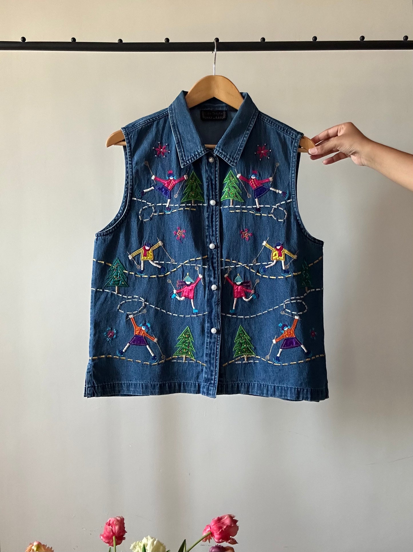 Vintage Winter Inspired Embroidered Denim Vest