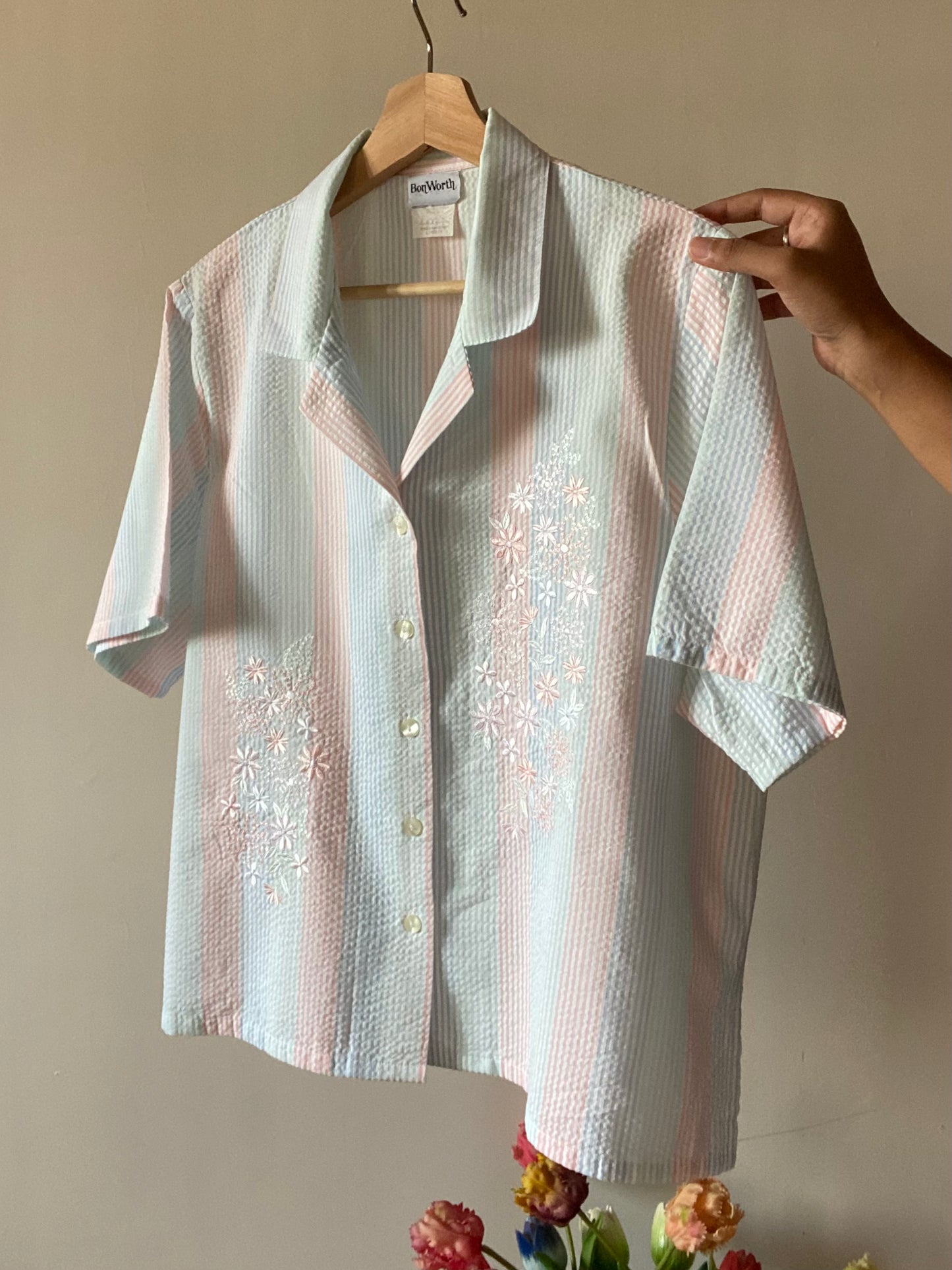 Pastel Strip Vintage Floral Embroidered Vintage Shirt