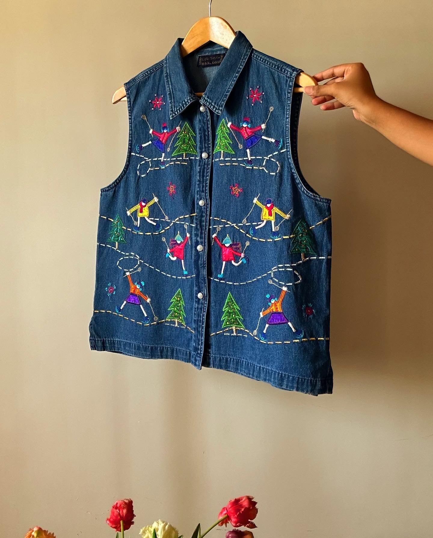 Vintage Winter Inspired Embroidered Denim Vest