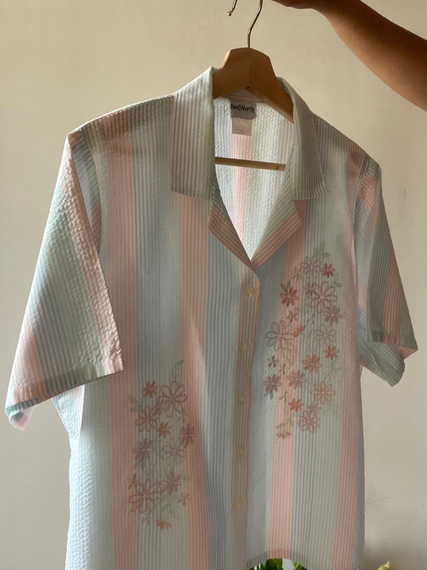 Pastel Strip Vintage Floral Embroidered Vintage Shirt