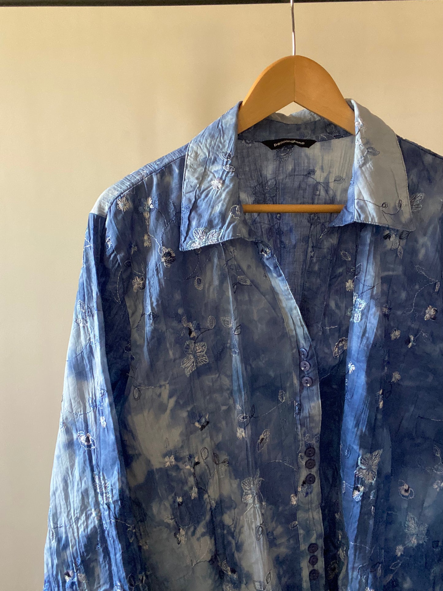 Vintage Crinkled Tie and Dye Floral Embroidered Shirt