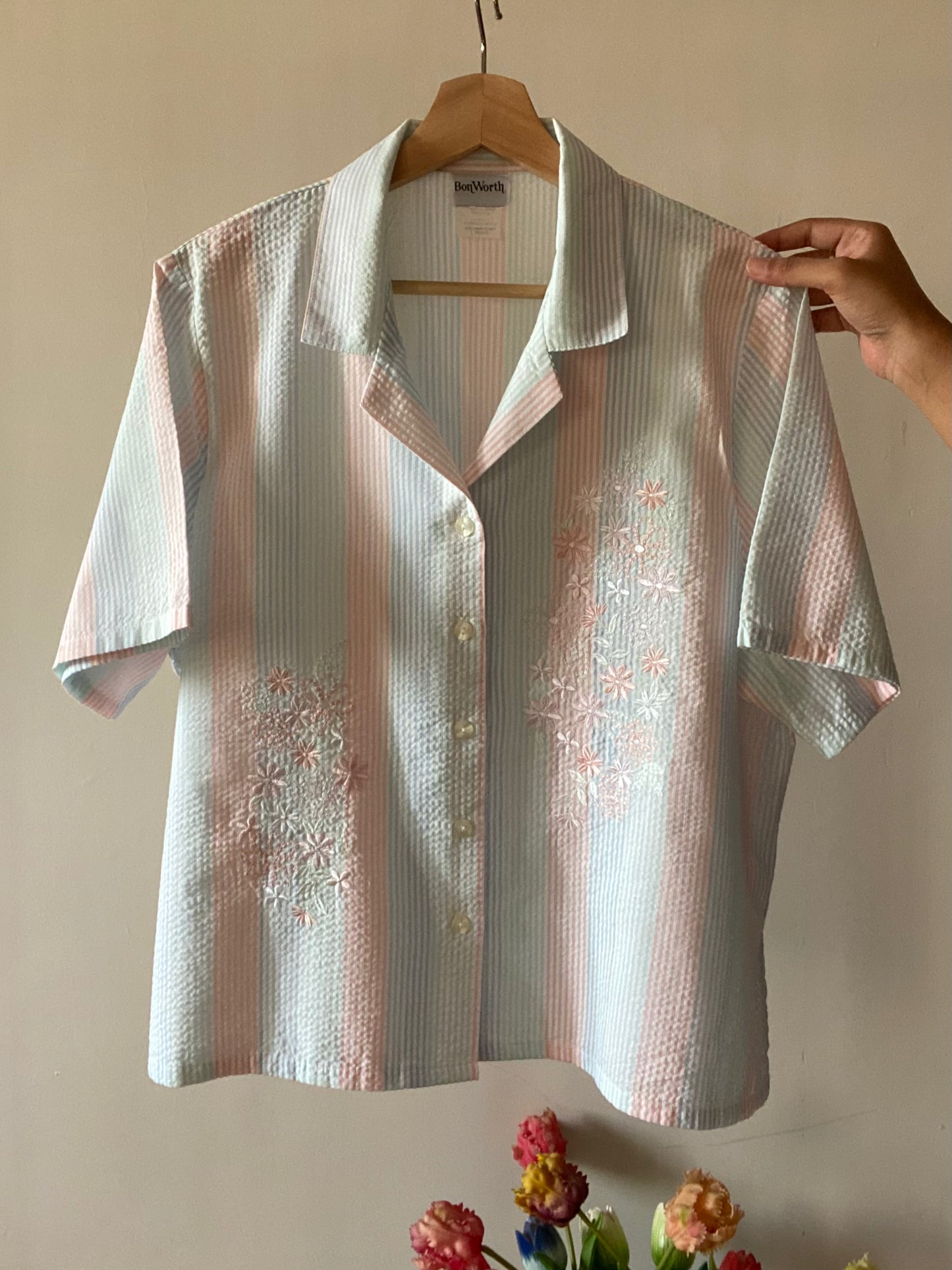 Pastel Strip Vintage Floral Embroidered Vintage Shirt