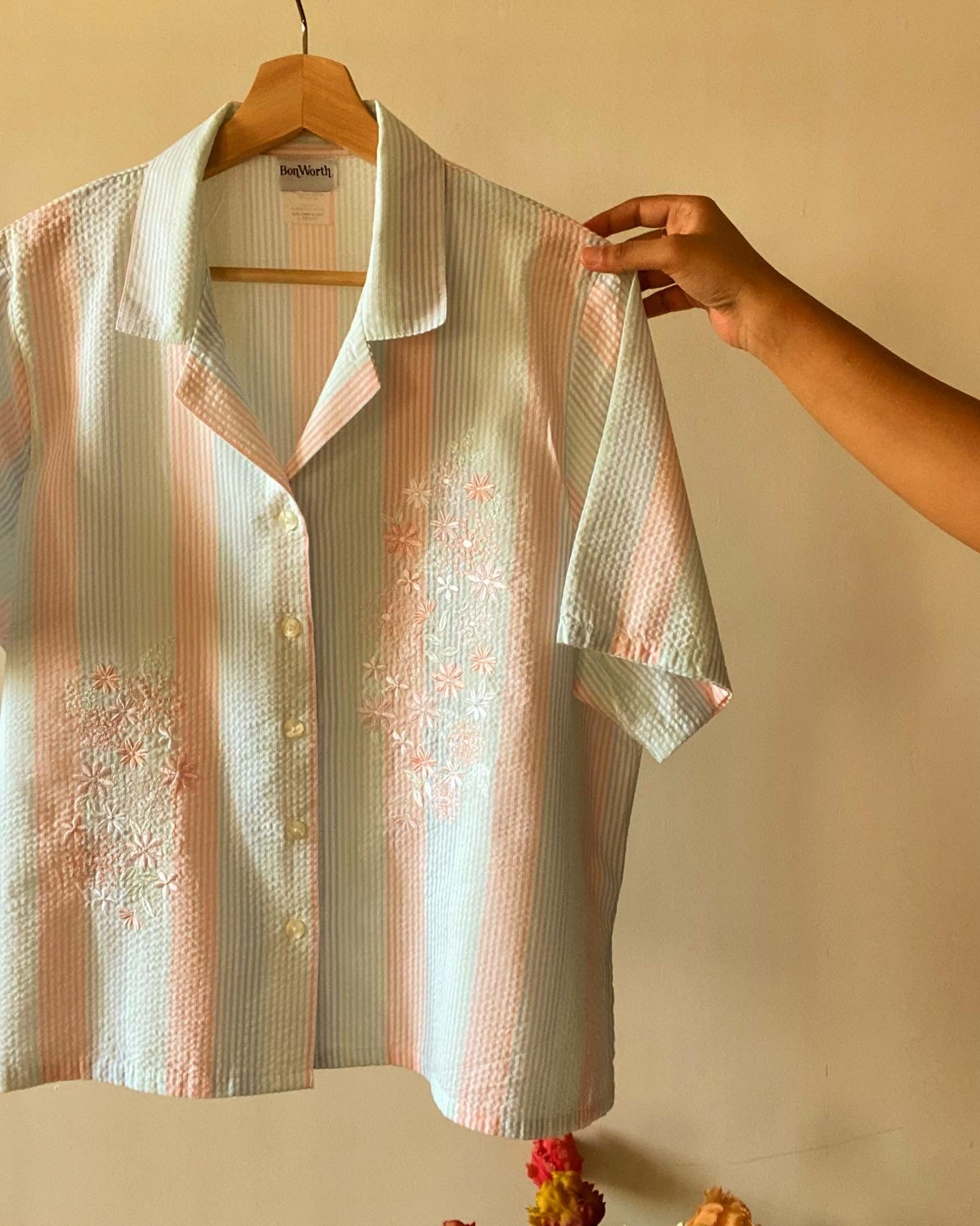 Pastel Strip Vintage Floral Embroidered Vintage Shirt