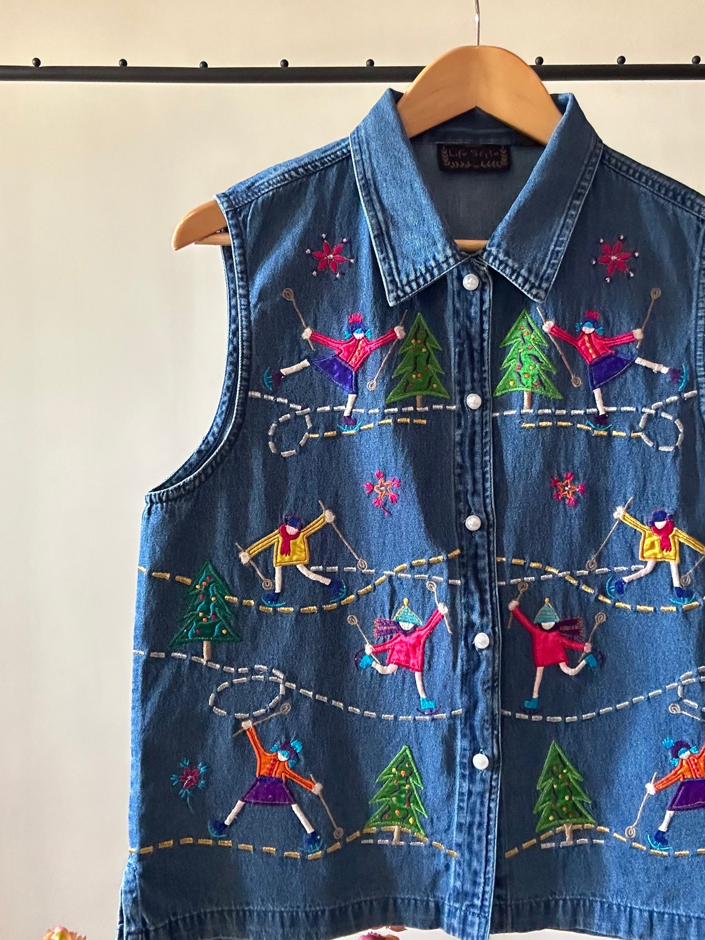 Vintage Winter Inspired Embroidered Denim Vest