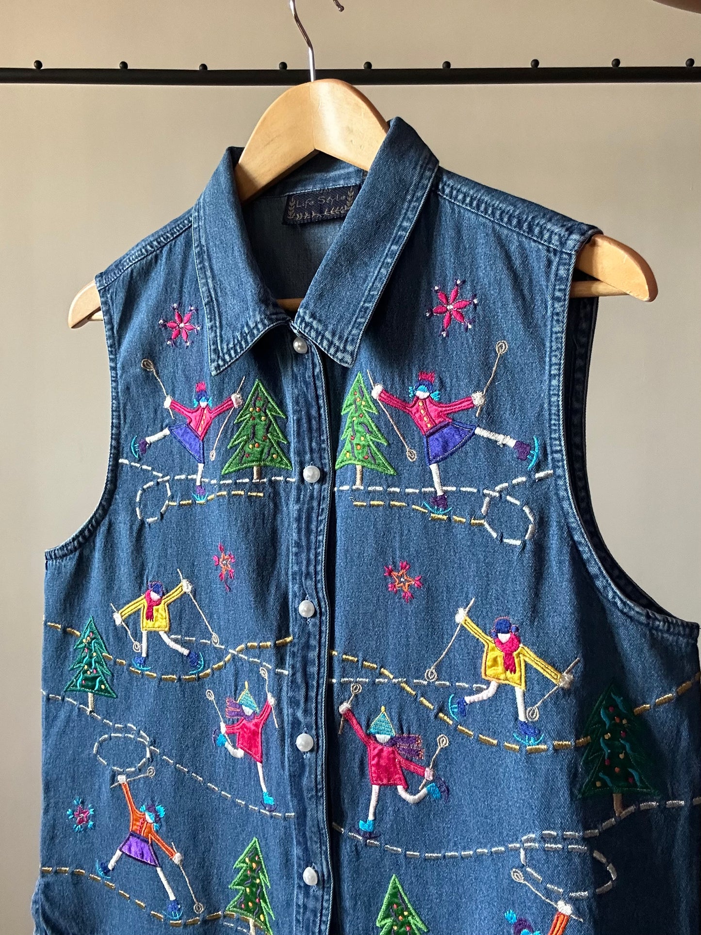 Vintage Winter Inspired Embroidered Denim Vest