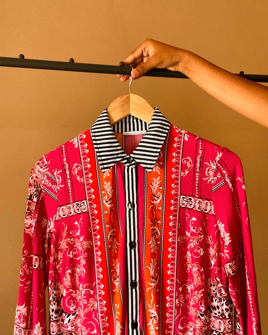 Pink Vintage Shirt With Ethnic Motif Print With Morden Strips