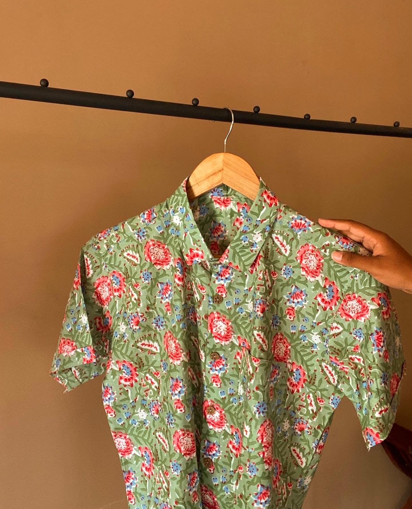 Pink and Green Floral Print Shirt