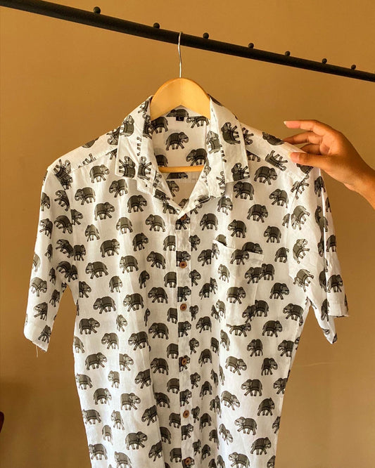 White and Grey Elephant Handprinted Shirt