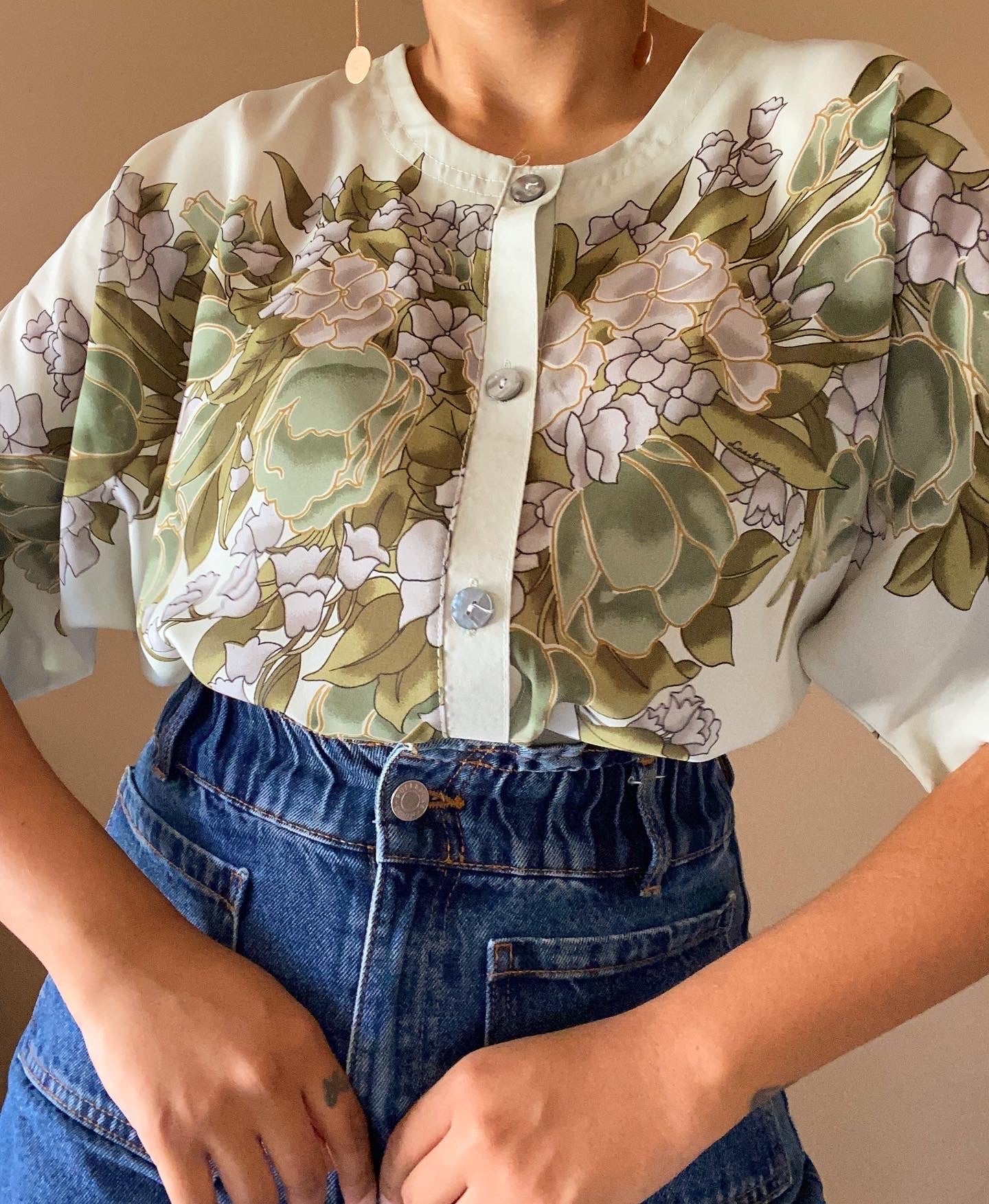 Vintage Floral Detail Green Shirt