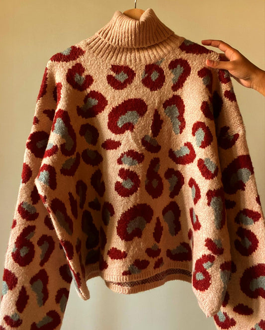 Animal Print High Neck Vintage Pullover