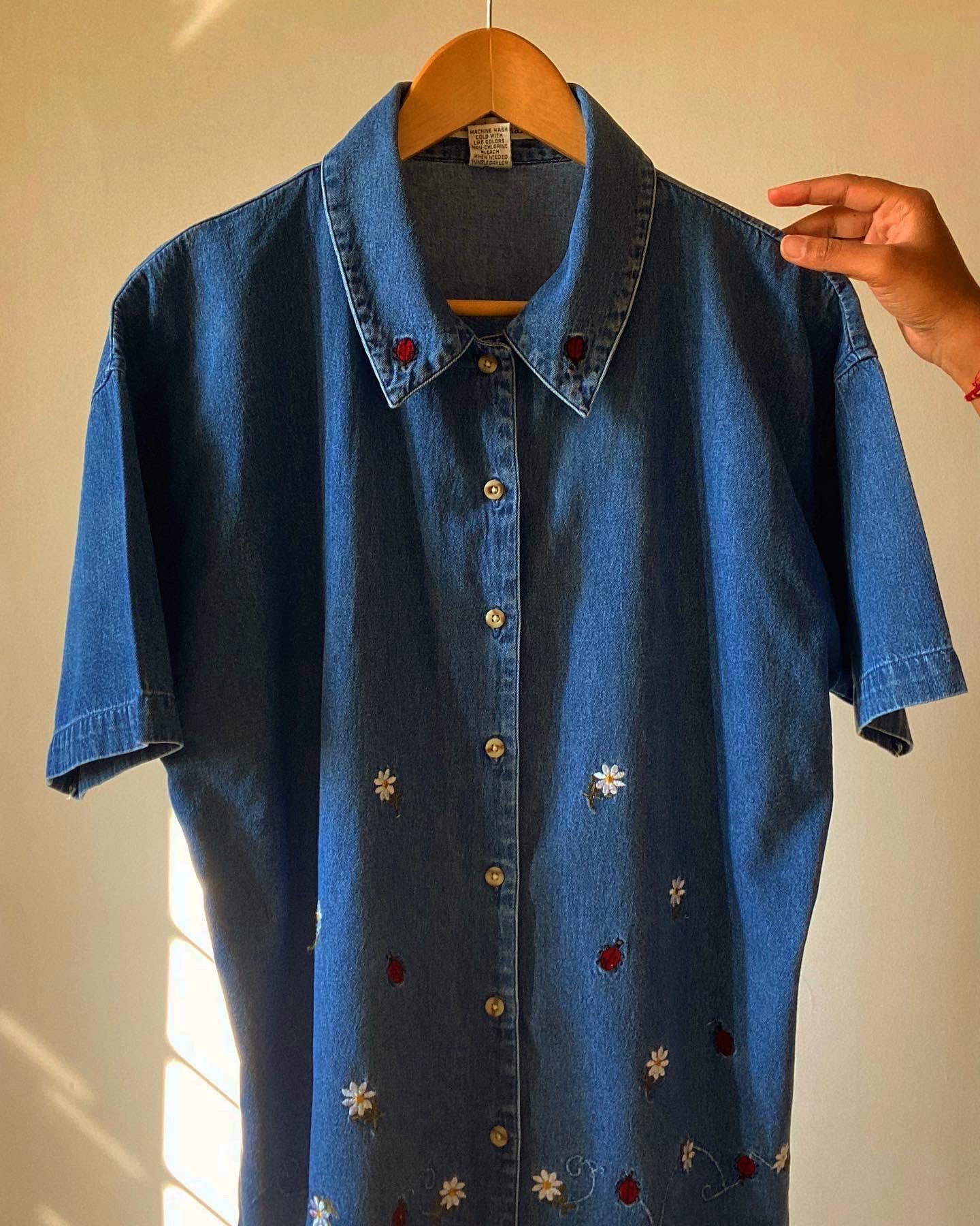 Vintage Tiny Floral Embroidered Denim Shirt