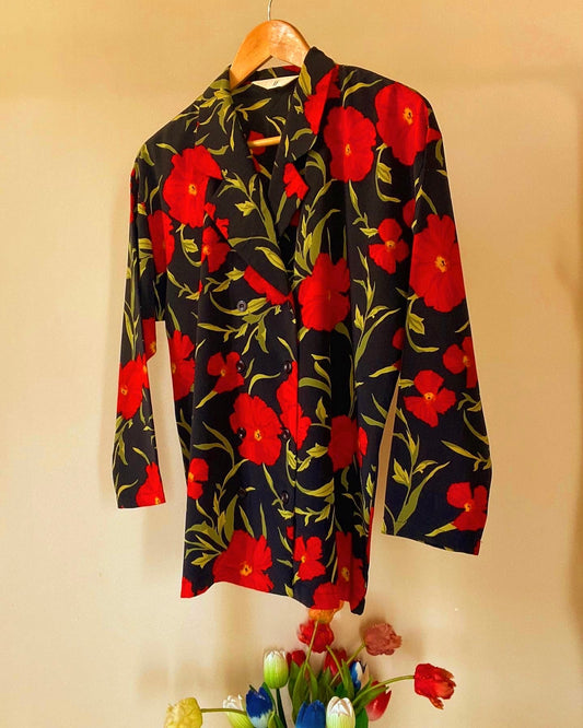 Red Floral Vintage Blazer Style Shirt