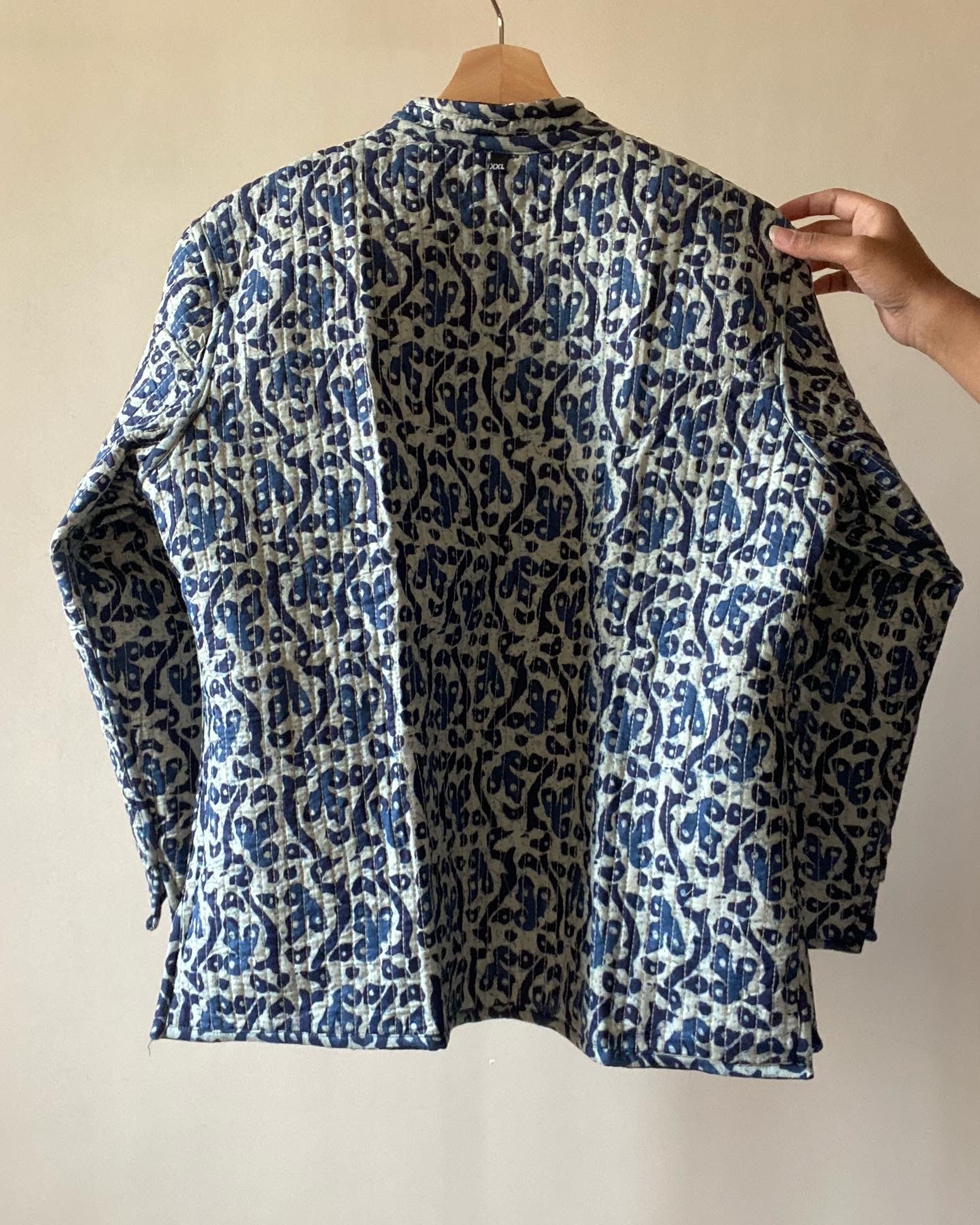 Blue Block Print Multi Motif Cotton Reversible Quilted Jacket