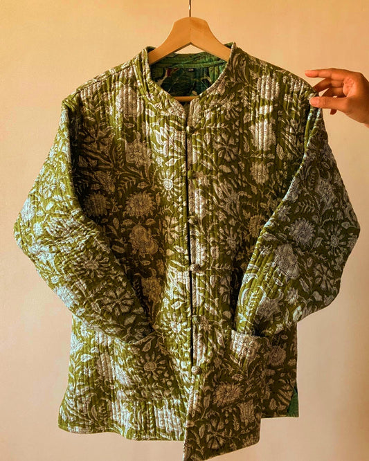 Green Block Print Quilted Jacket