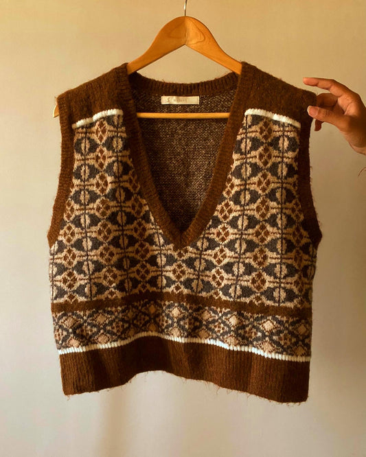 Brown All Over Patterned Vintage Sweater Vest