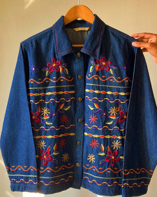 Vintage Abstract Embroidered Denim Shaket